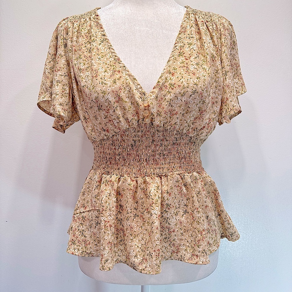 Boho Dainty Floral Low V Neck Smocked Waist Flutter Sleeve Blouse Feminine Large
